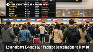 Gulf package cancellations shown by travelers waiting under disrupted Middle East departure screens at London Gatwick