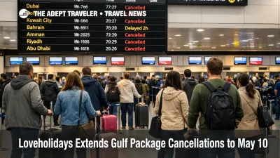 Gulf package cancellations shown by travelers waiting under disrupted Middle East departure screens at London Gatwick