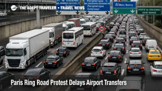 Paris ring road protest delays snarl traffic near Porte de Vincennes, slowing airport and station transfers in Paris