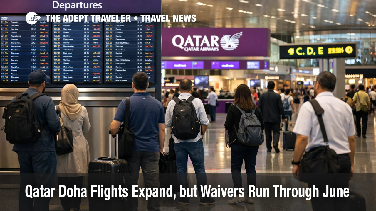 Travelers wait at Hamad airport as the Qatar Doha flight schedule expands under still limited operating conditions