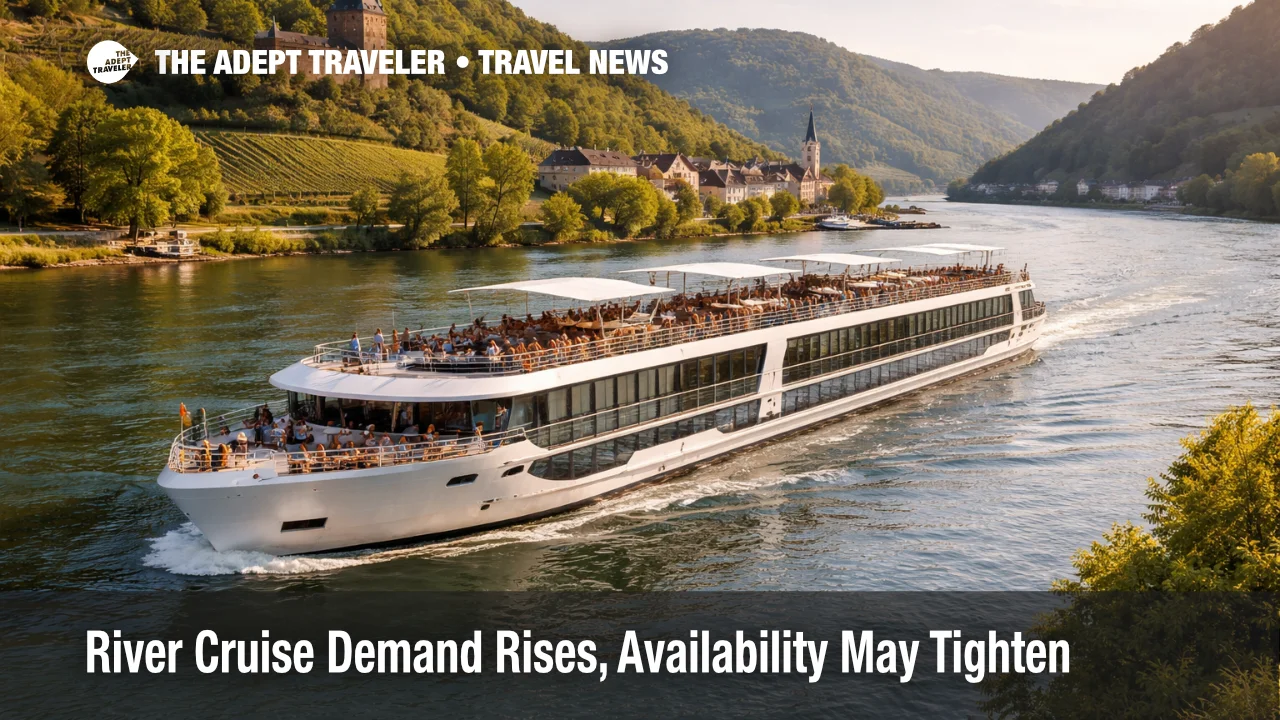 River cruise demand rises as a small ship sails through a scenic European river valley during the 2026 booking season.