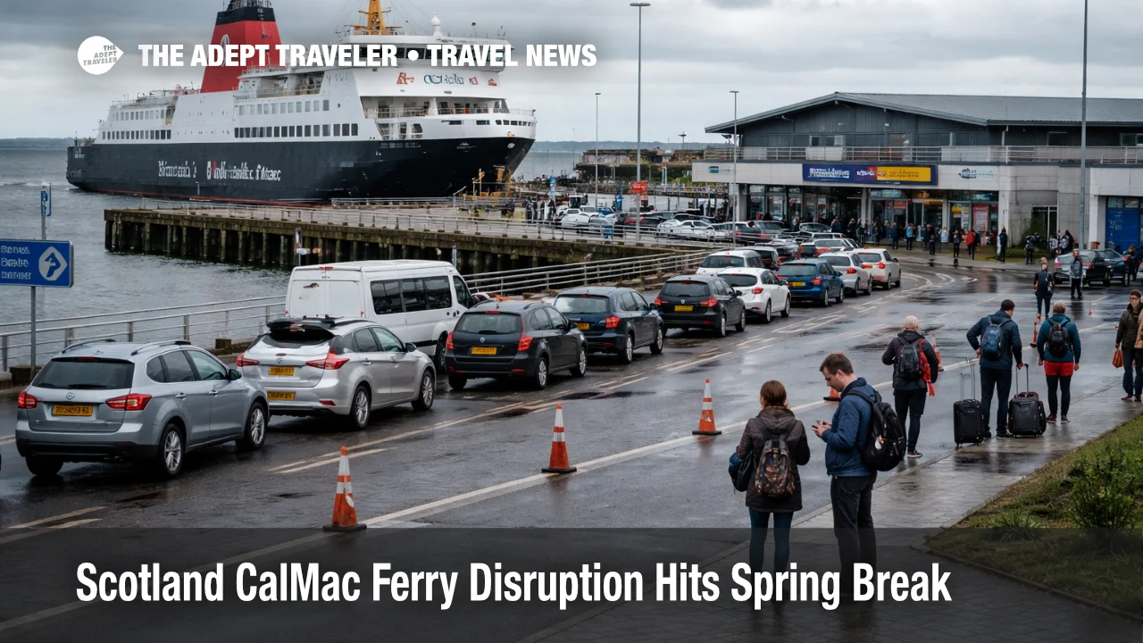 CalMac ferry disruption Scotland shown at Troon ferry terminal with queued vehicles and passengers awaiting island service