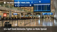 Gulf travel advisories shown through a quiet Dubai airport departures hall as U.S. warnings raise planning risk