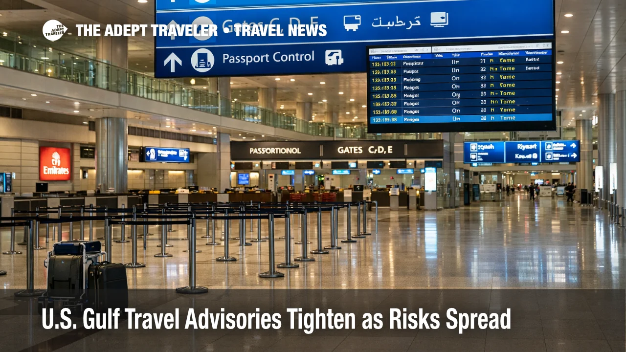 Gulf travel advisories shown through a quiet Dubai airport departures hall as U.S. warnings raise planning risk