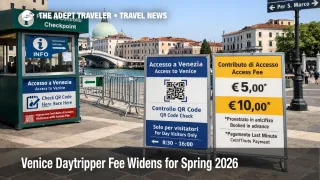 Venice daytripper fee checkpoint signage near Santa Lucia station during the 2026 access fee window for day visitors