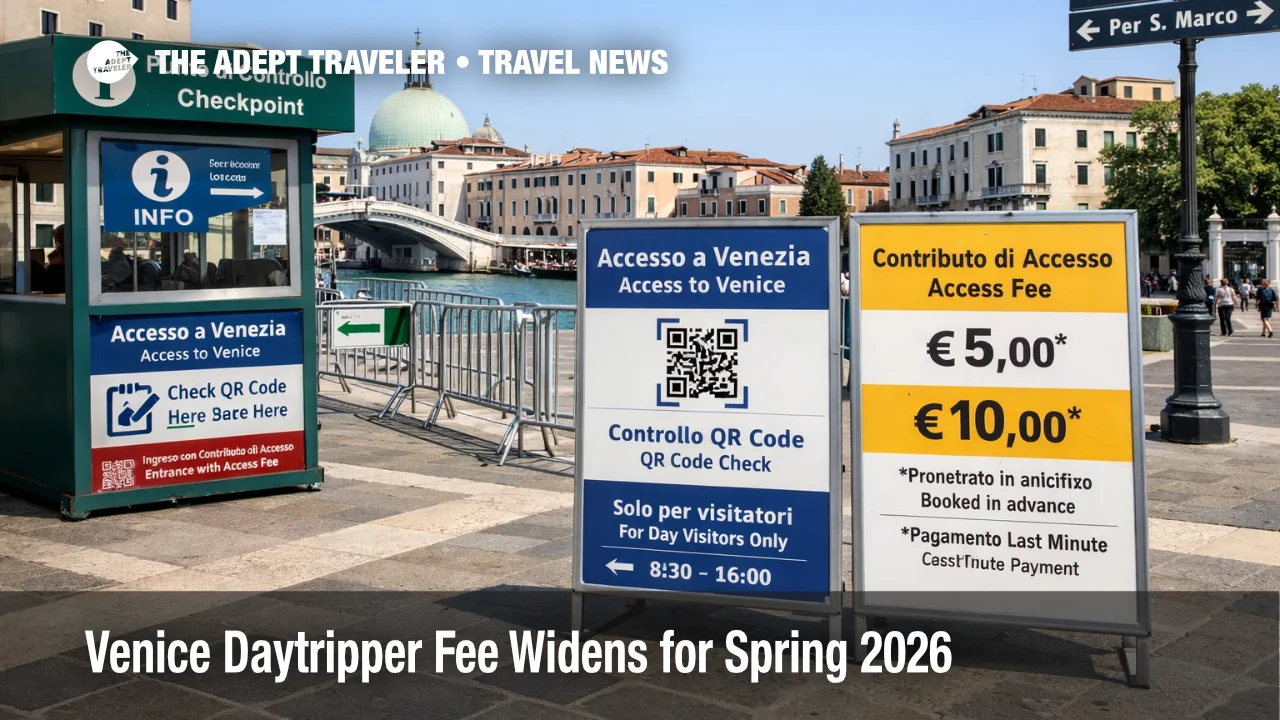 Venice daytripper fee checkpoint signage near Santa Lucia station during the 2026 access fee window for day visitors