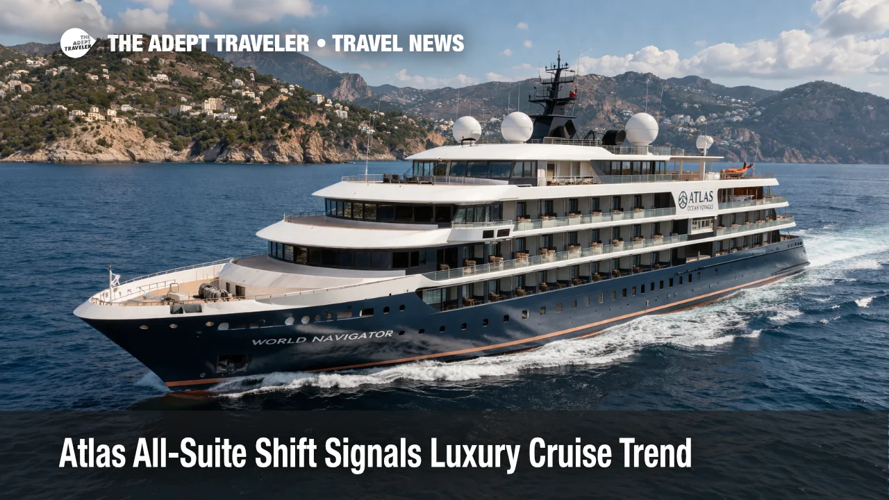 Atlas all-suite shift visualized as an Atlas expedition yacht underway in the Mediterranean, signaling luxury cruise premiumization