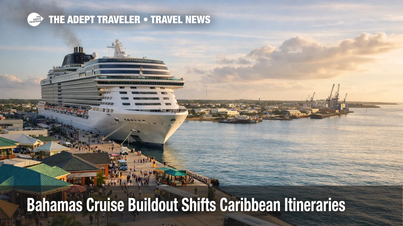 Bahamas cruise expansion at Freeport Harbor shows a large ship and busy port area shaping future Caribbean itineraries