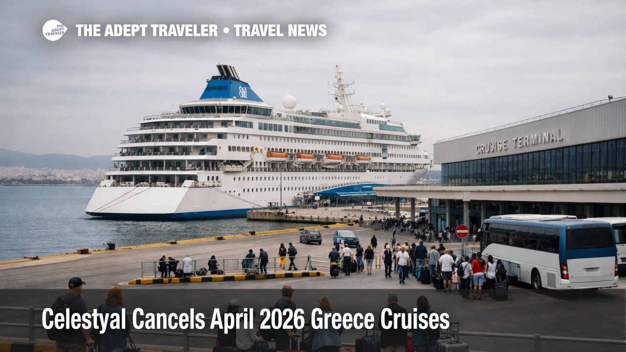 Celestyal April cruise cancellations reflected at Piraeus as Greece cruise travelers wait near a stalled embarkation point
