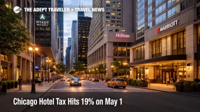 Chicago hotel tax increase visualized through large downtown hotel towers in central Chicago ahead of May 1 pricing changes