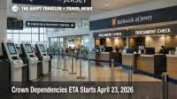Crown Dependencies ETA check in area at Jersey Airport shows the direct travel document step starting in April 2026