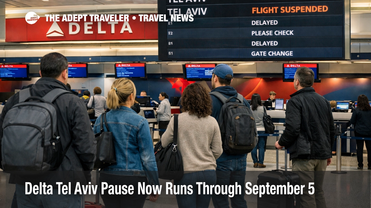 Delta Tel Aviv pause shown by travelers waiting in JFK international departures under disrupted Israel flight listings