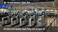 EU Entry Exit System border control lanes at Frankfurt Airport as biometric checks replace passport stamps in April 2026