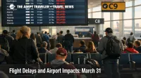 March 31 flight delays at LaGuardia show travelers waiting beneath delay screens as New York airport pressure builds