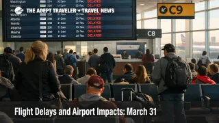 March 31 flight delays at LaGuardia show travelers waiting beneath delay screens as New York airport pressure builds