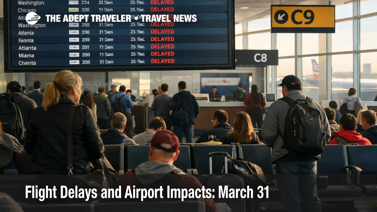 March 31 flight delays at LaGuardia show travelers waiting beneath delay screens as New York airport pressure builds