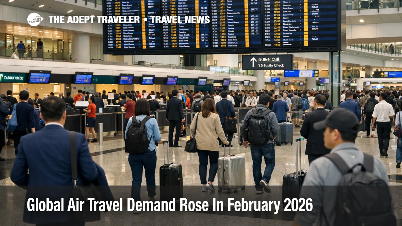 Busy Hong Kong airport terminal reflects strong global air travel demand in February 2026 as airlines face higher fuel costs