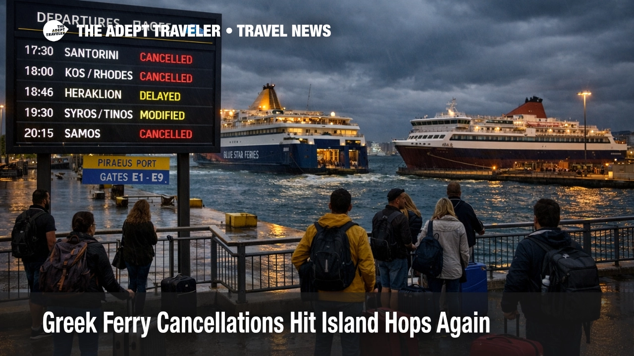 Greek ferry cancellations at Port of Piraeus show travelers waiting near delayed island departures under stormy skies