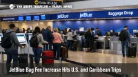 JetBlue bag fee increase shown through a busy JFK check in and baggage drop area for U.S. and Caribbean travelers