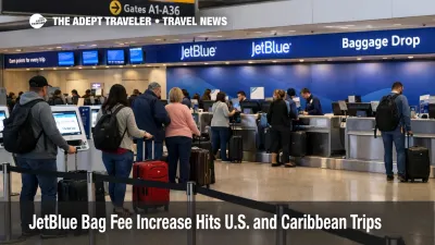 JetBlue bag fee increase shown through a busy JFK check in and baggage drop area for U.S. and Caribbean travelers