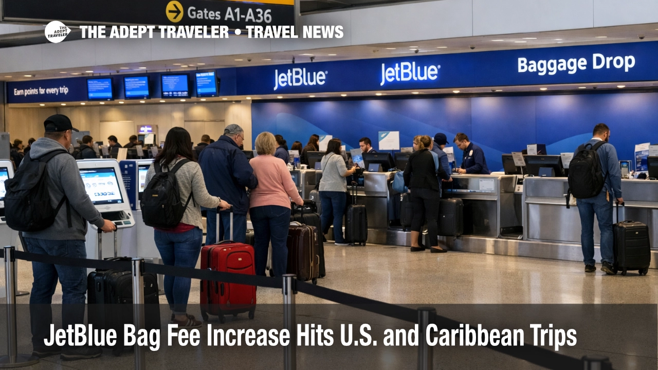 JetBlue bag fee increase shown through a busy JFK check in and baggage drop area for U.S. and Caribbean travelers