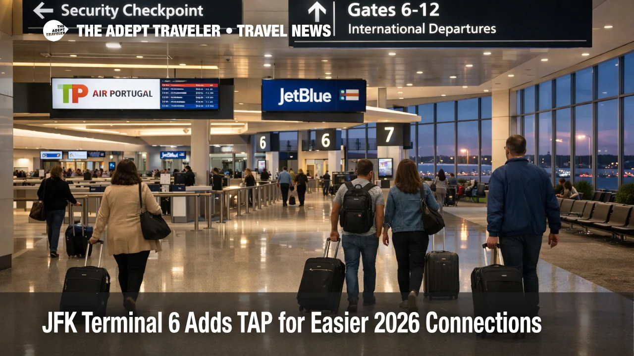 JFK Terminal 6 shows a modern departures hall and gates, illustrating the TAP move and easier 2026 connections