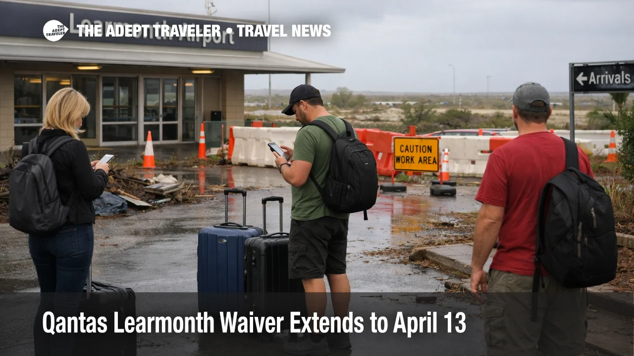 Qantas Learmonth waiver disruption scene at Learmonth Airport, showing travelers facing delayed Exmouth access after cyclone damage