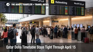 Travelers wait at Hamad International Airport as the Qatar Doha timetable stays constrained through mid April
