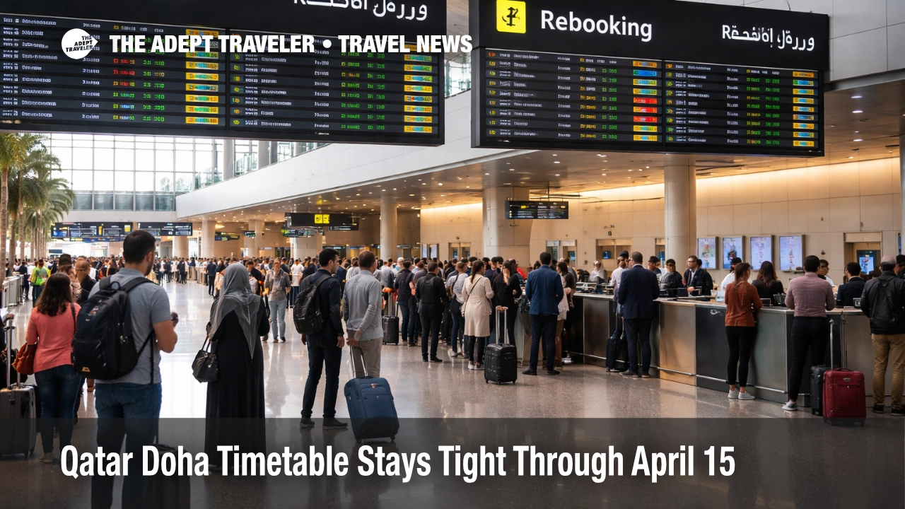 Travelers wait at Hamad International Airport as the Qatar Doha timetable stays constrained through mid April