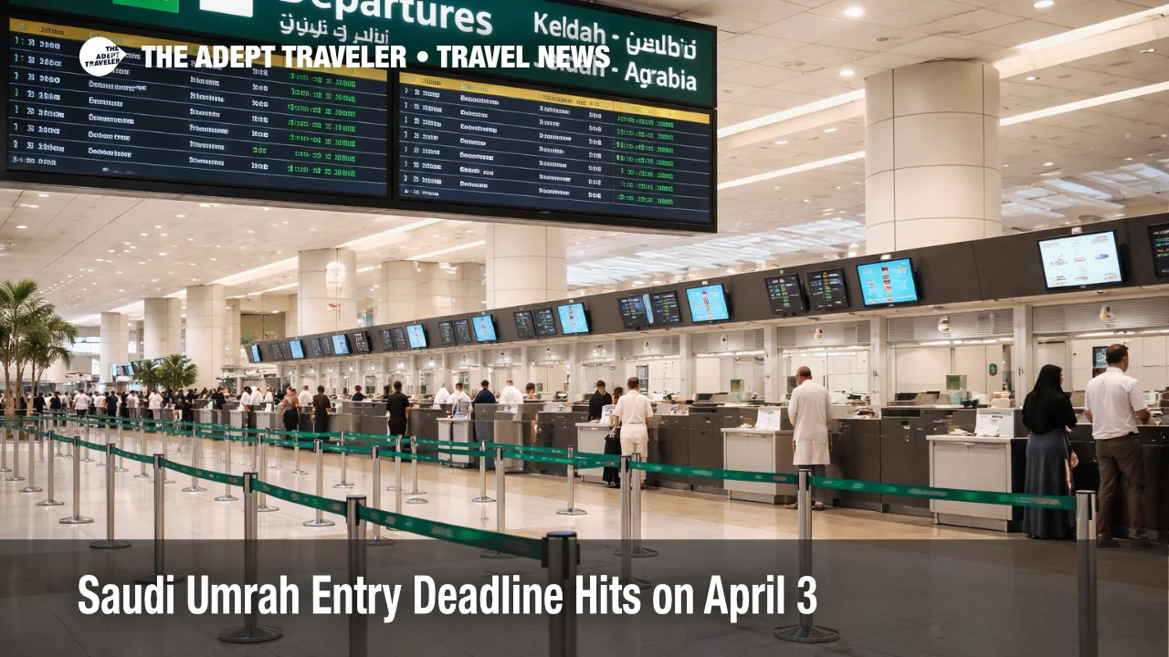 Saudi Umrah entry deadline scene at Jeddah airport showing document check and departure processing before April 3