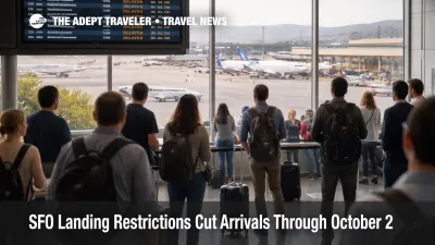 Passengers wait near an arrivals board at SFO as landing restrictions raise San Francisco airport delay risk