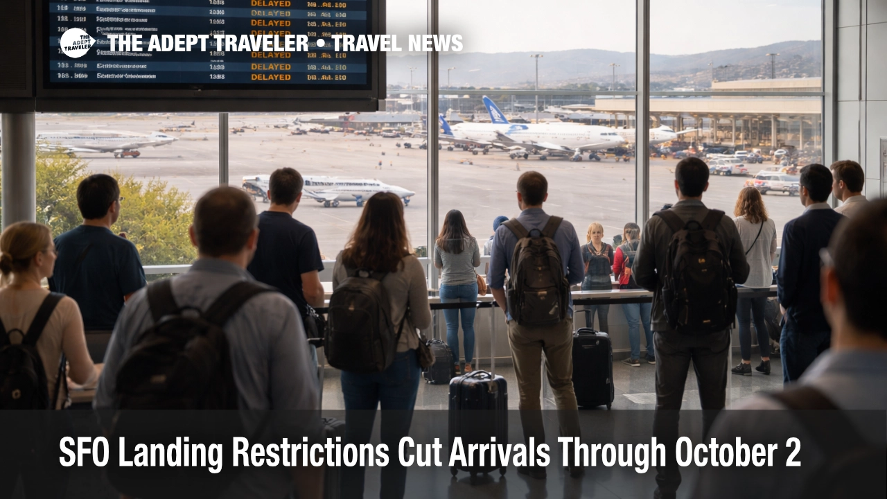 Passengers wait near an arrivals board at SFO as landing restrictions raise San Francisco airport delay risk