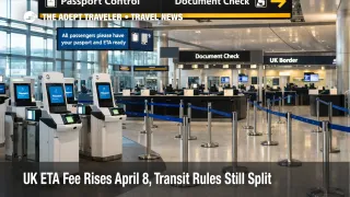 UK ETA fee increase shown through a Heathrow document check area before April 8, 2026 UK travel