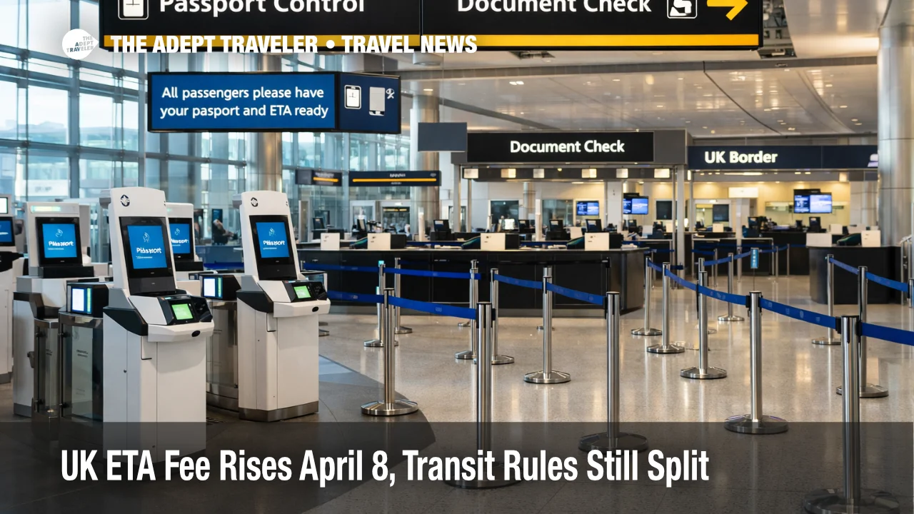 UK ETA fee increase shown through a Heathrow document check area before April 8, 2026 UK travel