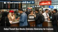 Emirates Dubai transit ban scene at DXB shows travelers facing connection and document check disruption