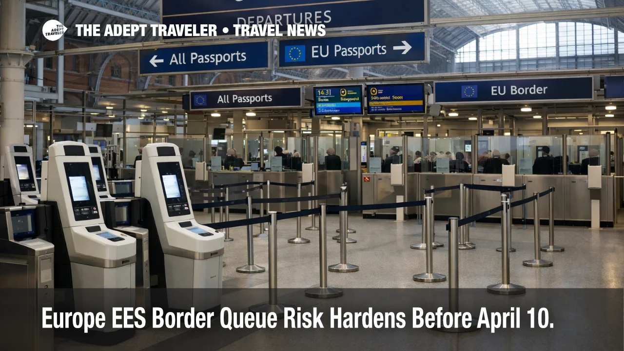 Europe EES border queues at St Pancras show biometric kiosks and border lanes before April 10 rollout