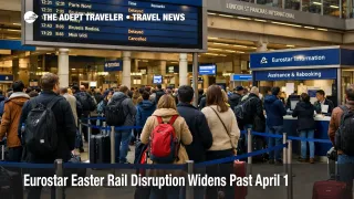 Eurostar Easter rail disruption at London St Pancras shows queues and delay screens as cross Channel capacity tightens