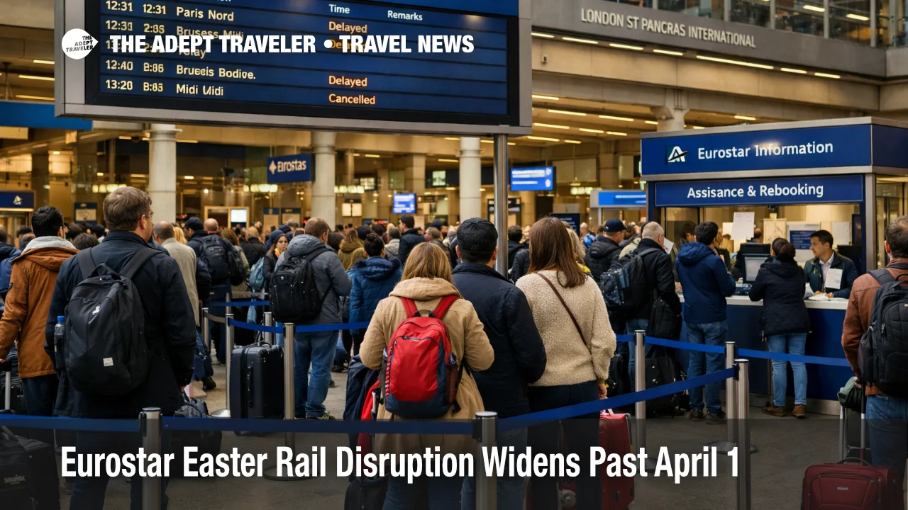 Eurostar Easter rail disruption at London St Pancras shows queues and delay screens as cross Channel capacity tightens