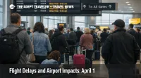 April 1 flight delays at LaGuardia show travelers waiting beneath delay screens as New York airspace pressure builds
