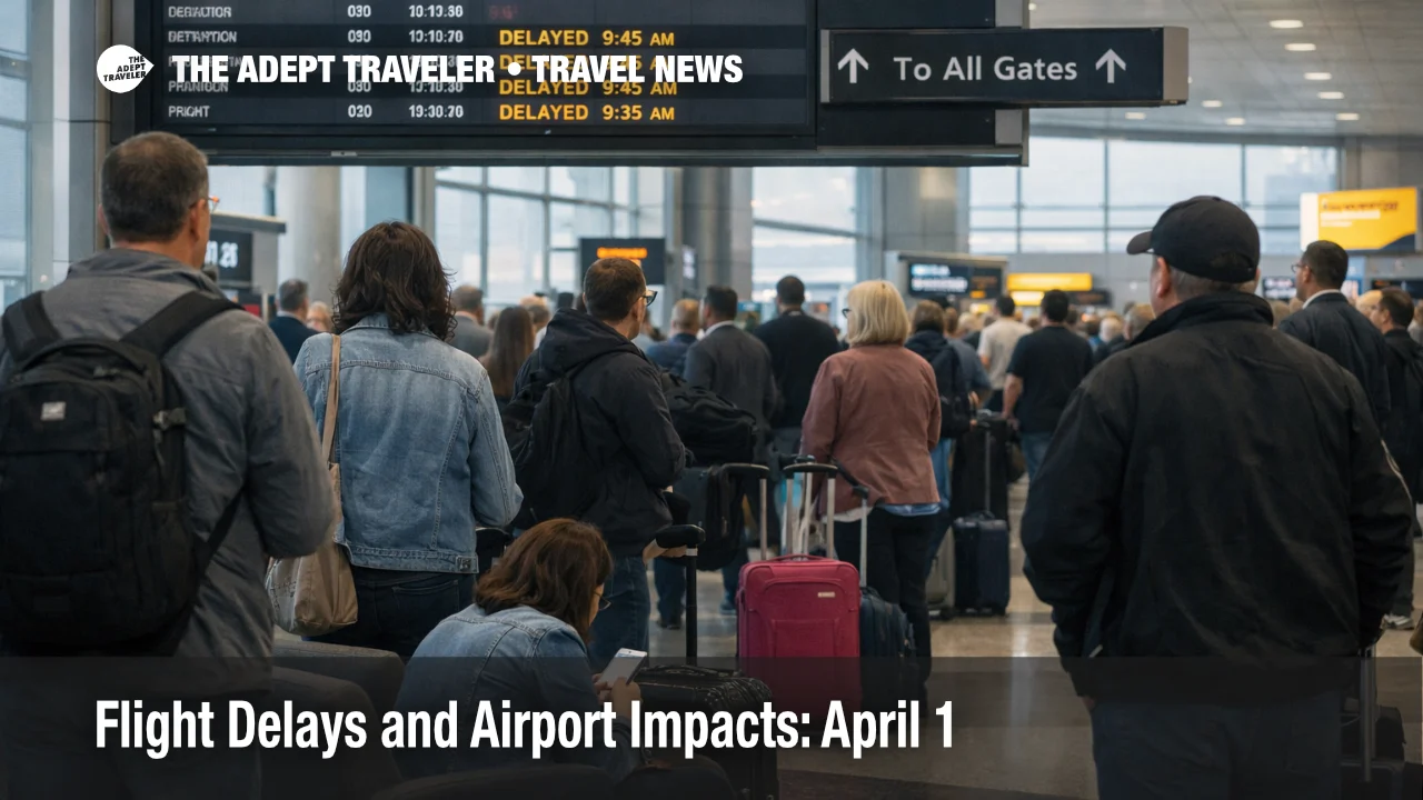 April 1 flight delays at LaGuardia show travelers waiting beneath delay screens as New York airspace pressure builds