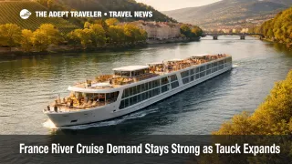Modern France river cruise ship sails near Lyon, reflecting strong river cruise demand on the Rhône in spring 2026
