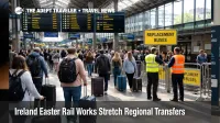 Ireland Easter rail works leave travelers checking departures and replacement bus directions at a busy Dublin station