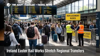 Ireland Easter rail works leave travelers checking departures and replacement bus directions at a busy Dublin station