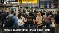 Travelers queue at Rome Fiumicino security during Italy April 10 airport strikes affecting midday departures