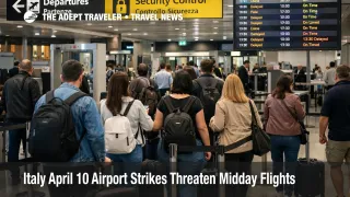 Travelers queue at Rome Fiumicino security during Italy April 10 airport strikes affecting midday departures