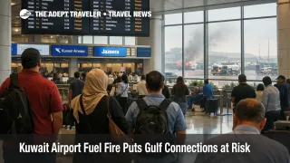 Travelers wait at Kuwait International Airport as a Kuwait airport fuel fire raises same day Gulf connection risk