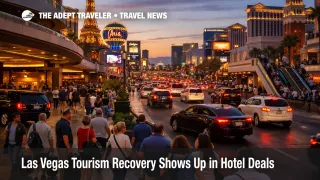 Las Vegas tourism recovery scene on the Strip with busy resort entrances, evening crowds, and active hotel traffic