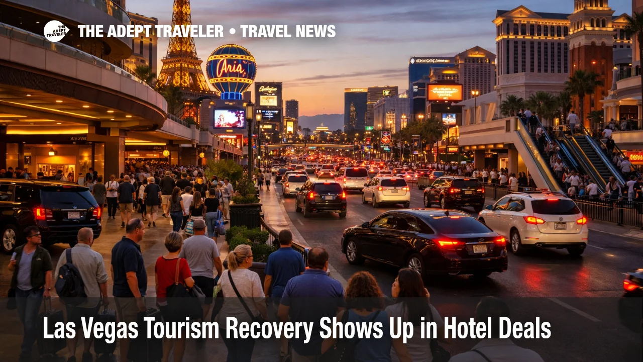 Las Vegas tourism recovery scene on the Strip with busy resort entrances, evening crowds, and active hotel traffic