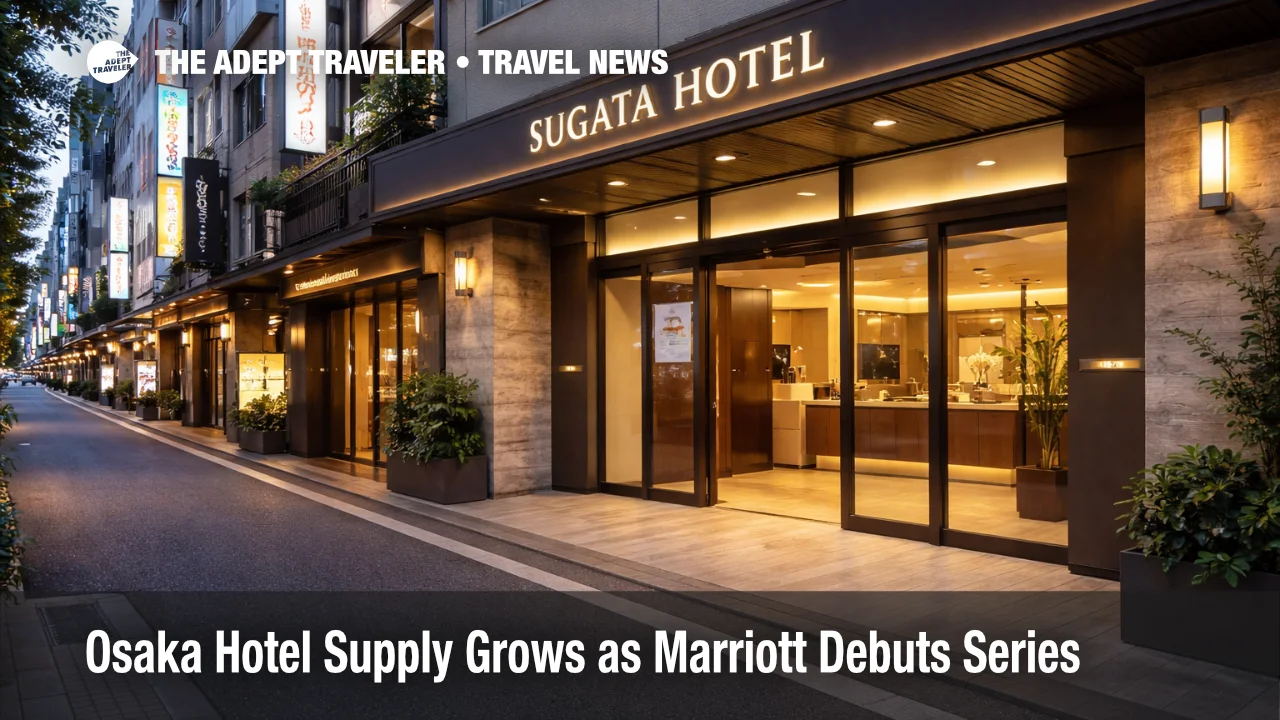 New Osaka hotel supply in Shinsaibashi as Marriott opens Sugata Hotel in central Osaka with a realistic street level exterior view