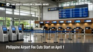 Philippine airport fee cuts shown through a regional airport check in hall, highlighting lower terminal charges from April 1